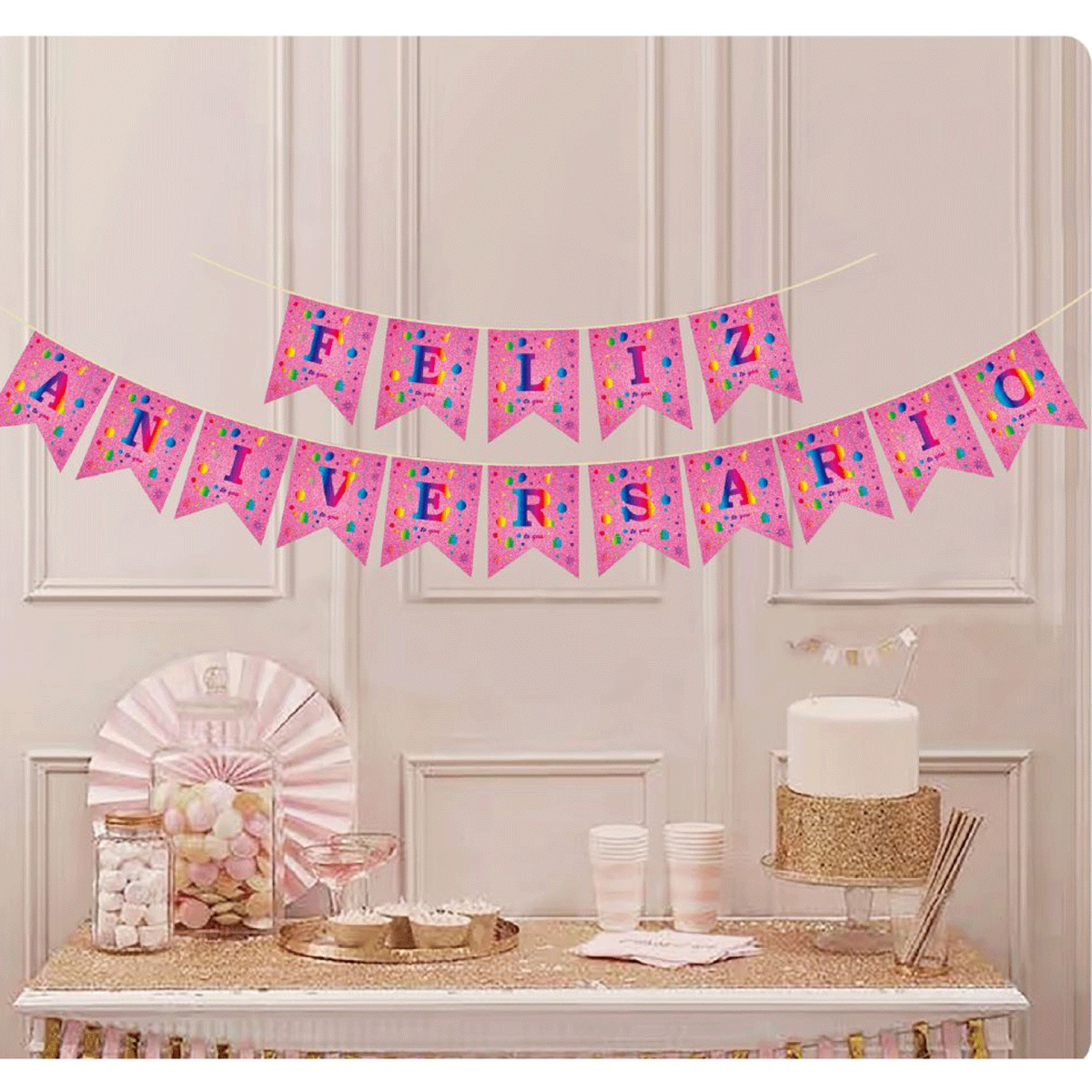 Bandeirolas Feliz Aniversário Rosa