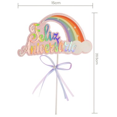 Topo Bolo Feliz Aniversário Arco Iris Rosa ou Azul Topo Bolo Feliz Aniversário Arco Iris Rosa ou Azul