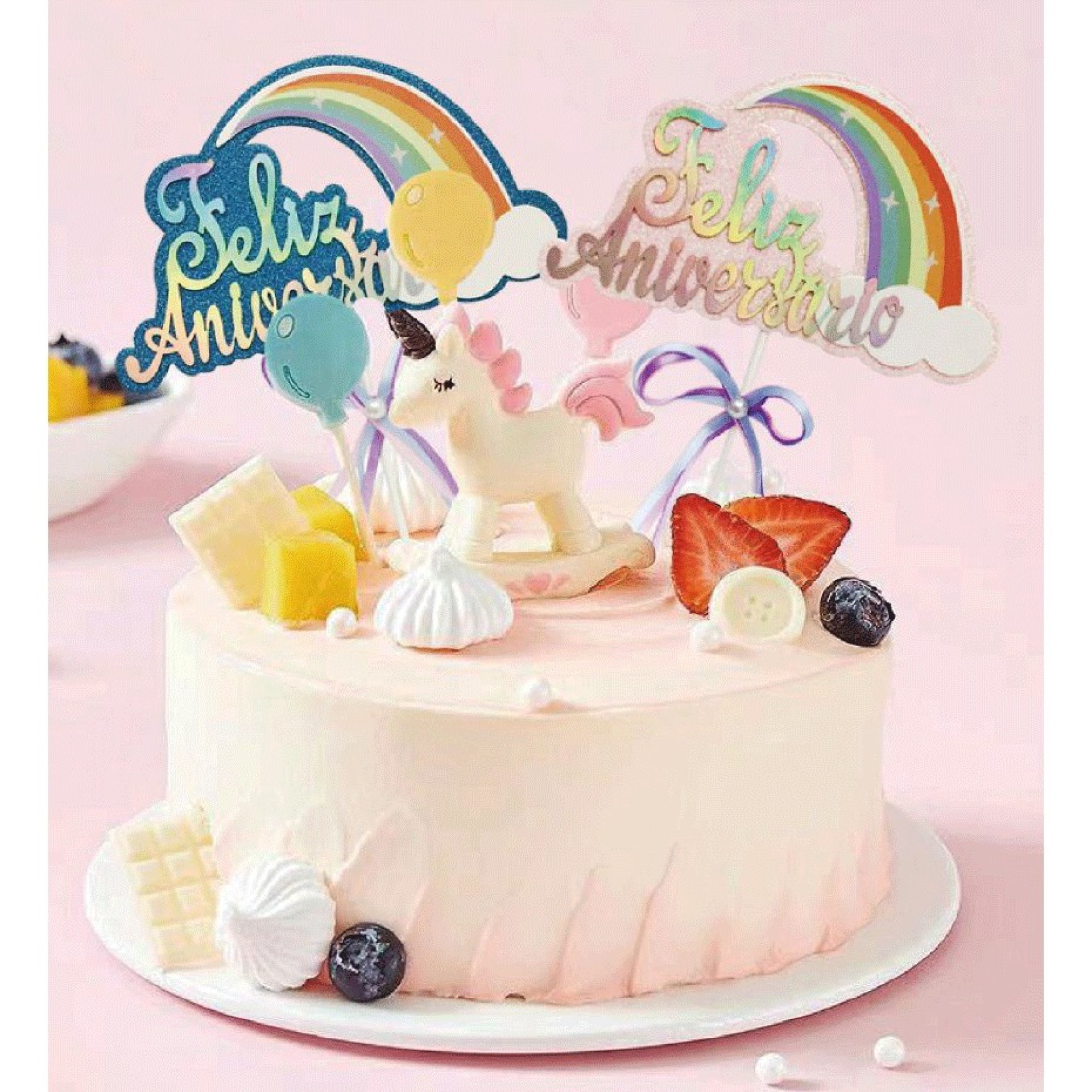 Topo Bolo Feliz Aniversário Arco Iris Rosa ou Azul