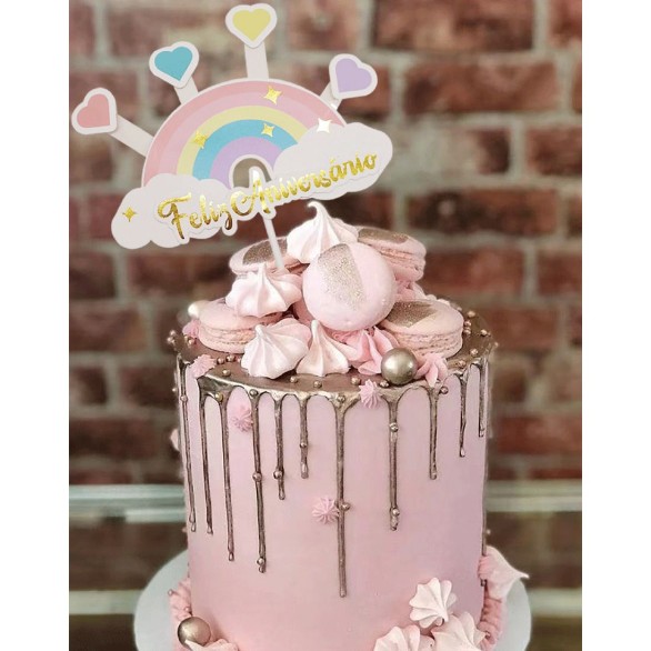 Topo Bolo Feliz Aniversário Arco íris