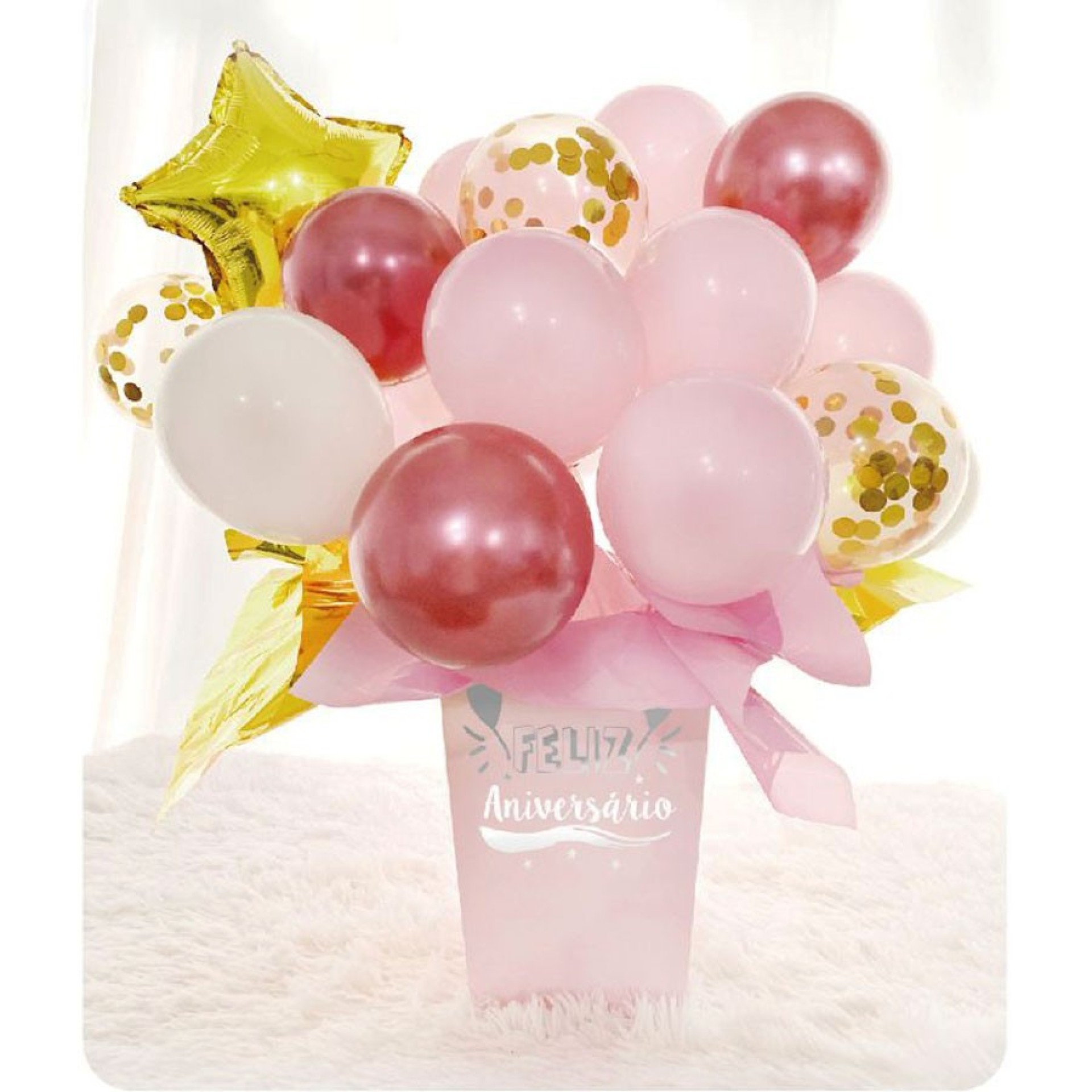 Bouquet Balões Feliz Aniversário Rosa