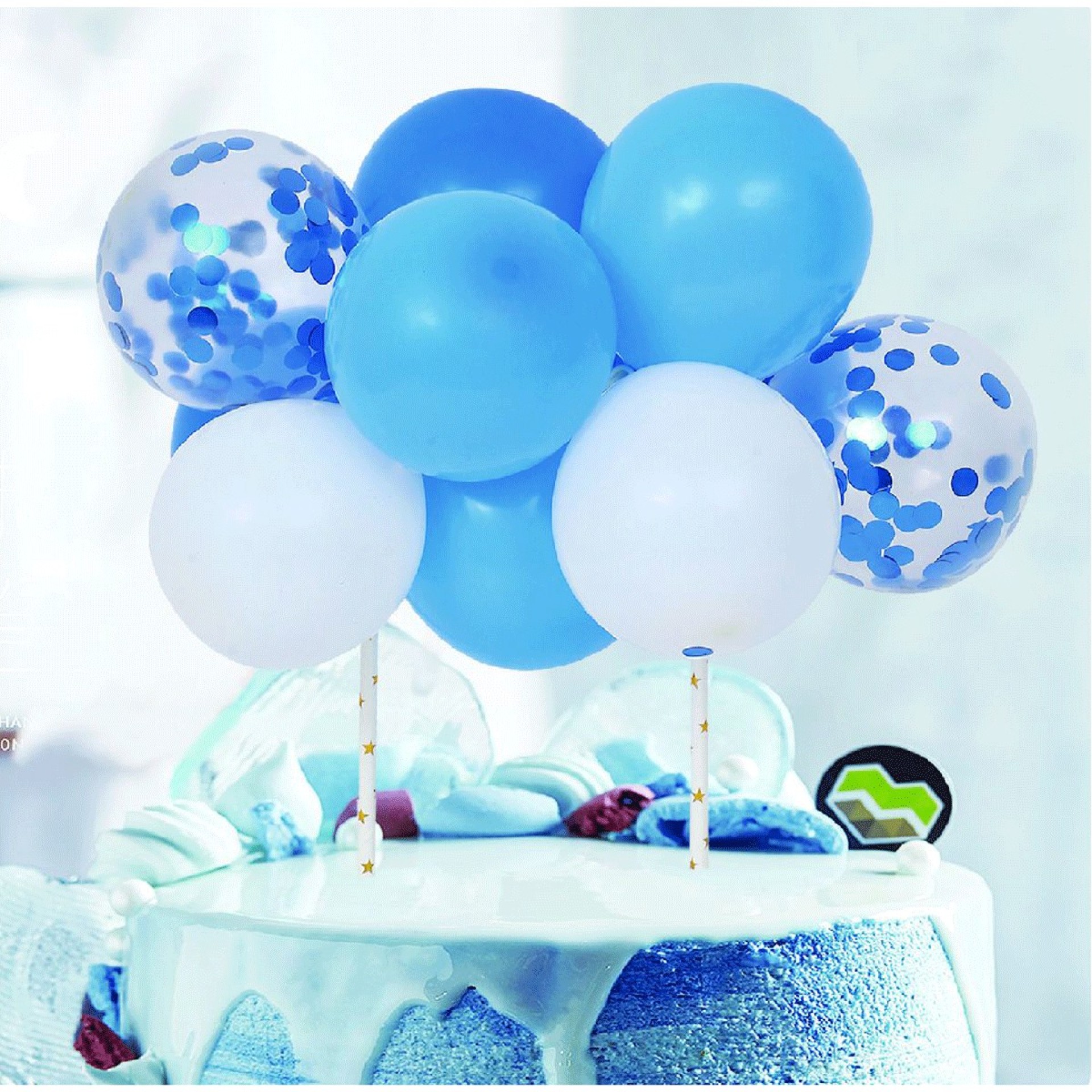 Topo Bolo Mini Balões Azul E Branco 10 Unid