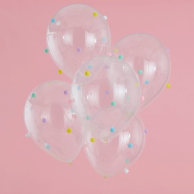 Balões Transparentes Pom Poms 5 Unid Balões Transparentes Pom Poms 5 Unid