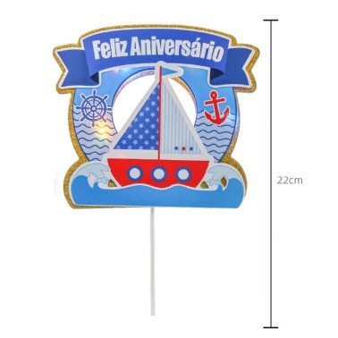 Topo Bolo Feliz Aniversario Barco com Luz