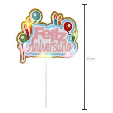 Topo Bolo Feliz Aniversario Bales com Luz