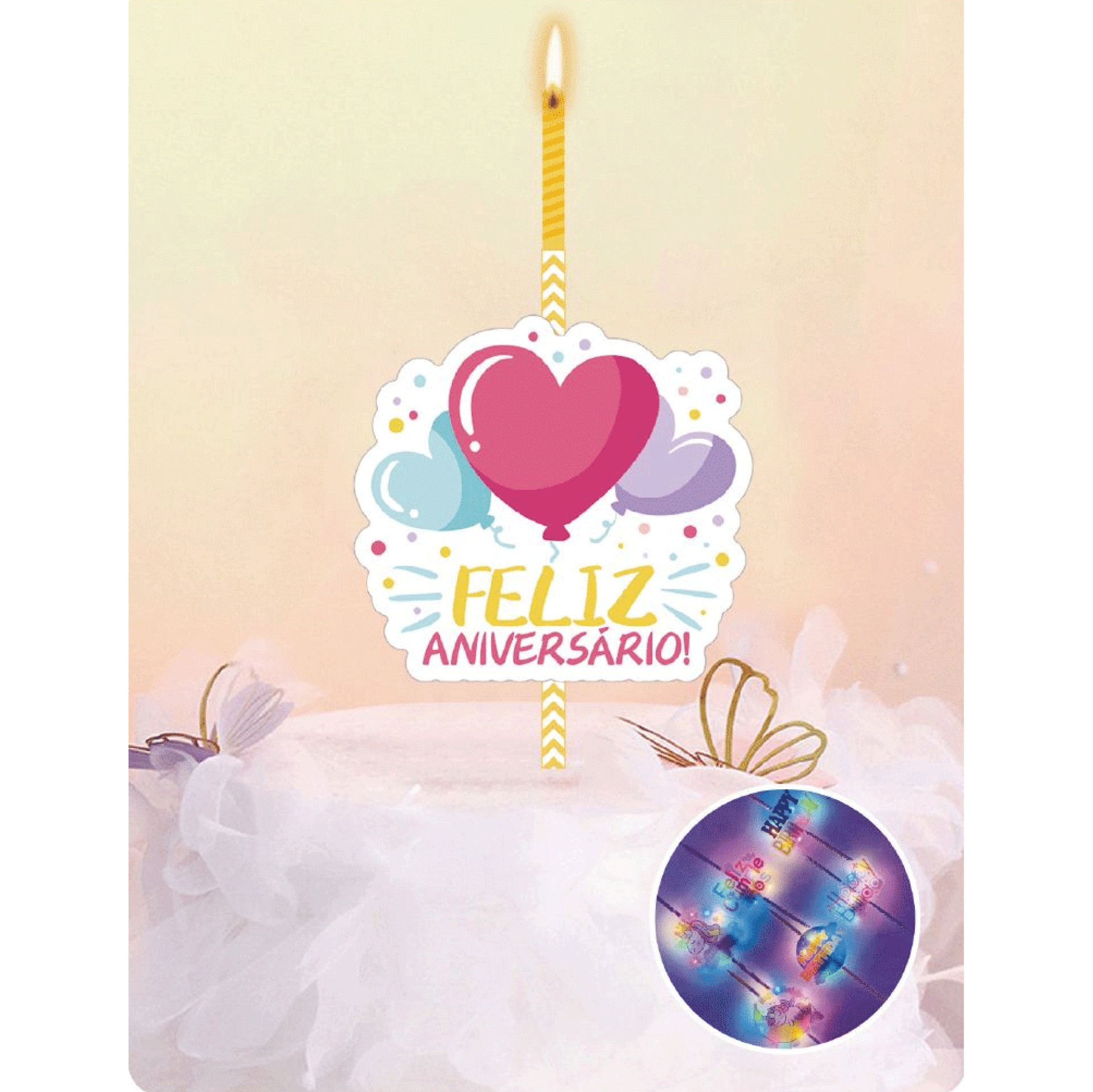 Vela Feliz Aniversario Corações com Luz