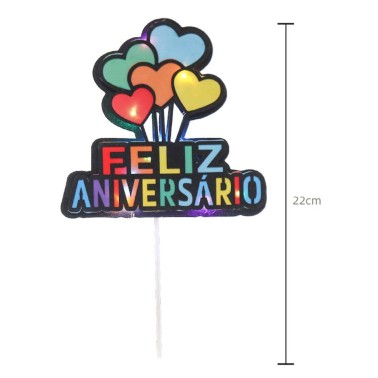 Topo Bolo Feliz Aniversario Coraes com Luz