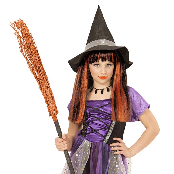 Peruca Bruxa Preta e Laranja Menina