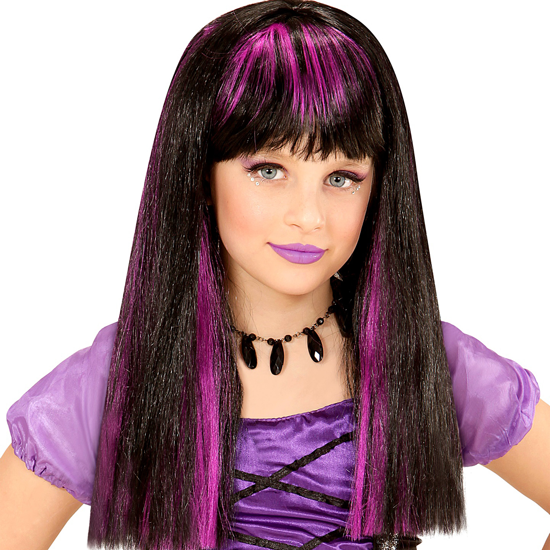 Peruca Bruxa Preta e Roxa Menina
