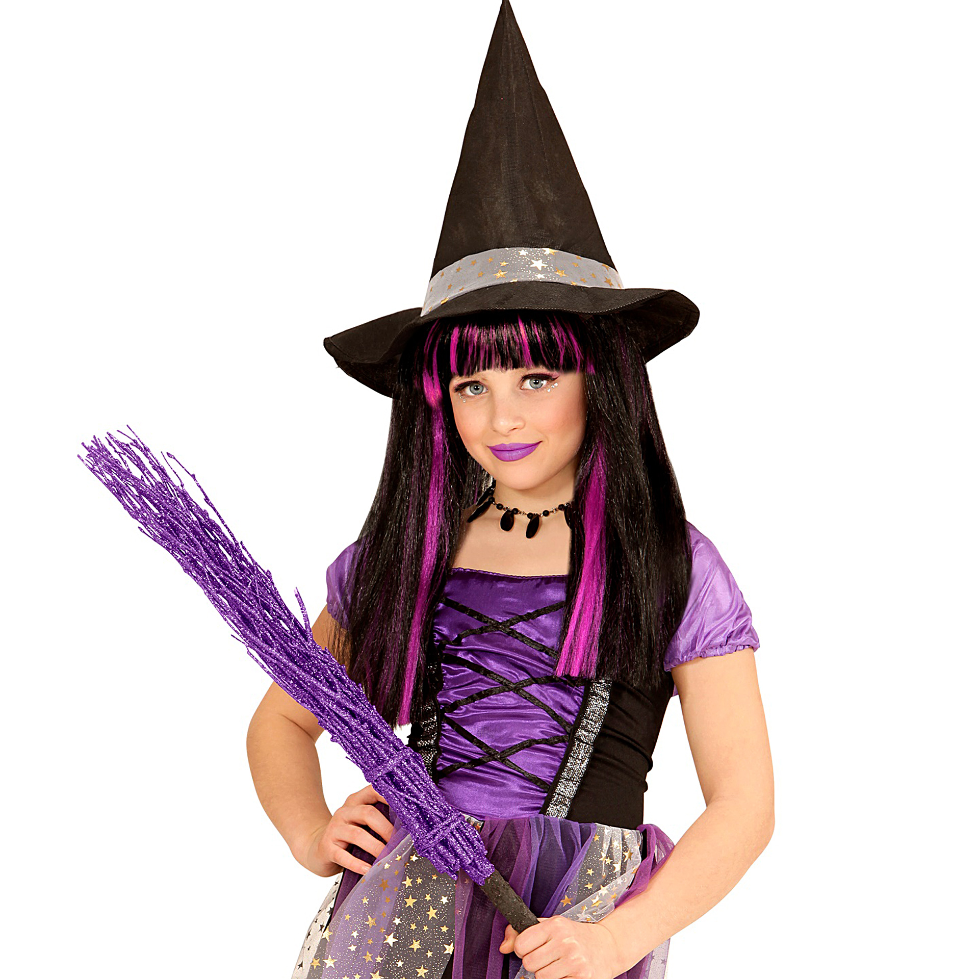 Peruca Bruxa Preta e Roxa Menina