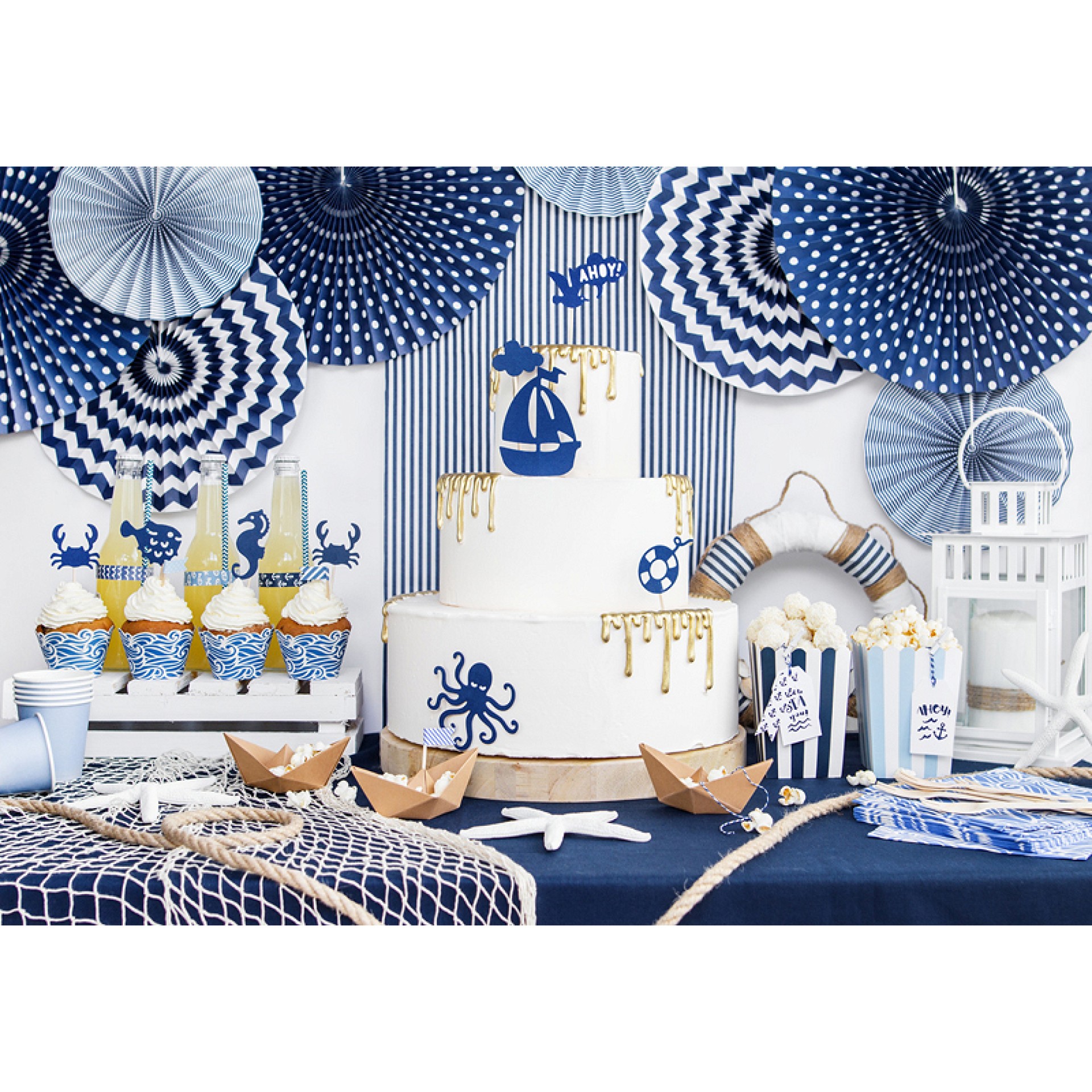 Leque Papel Azul E Branco 3 Unid