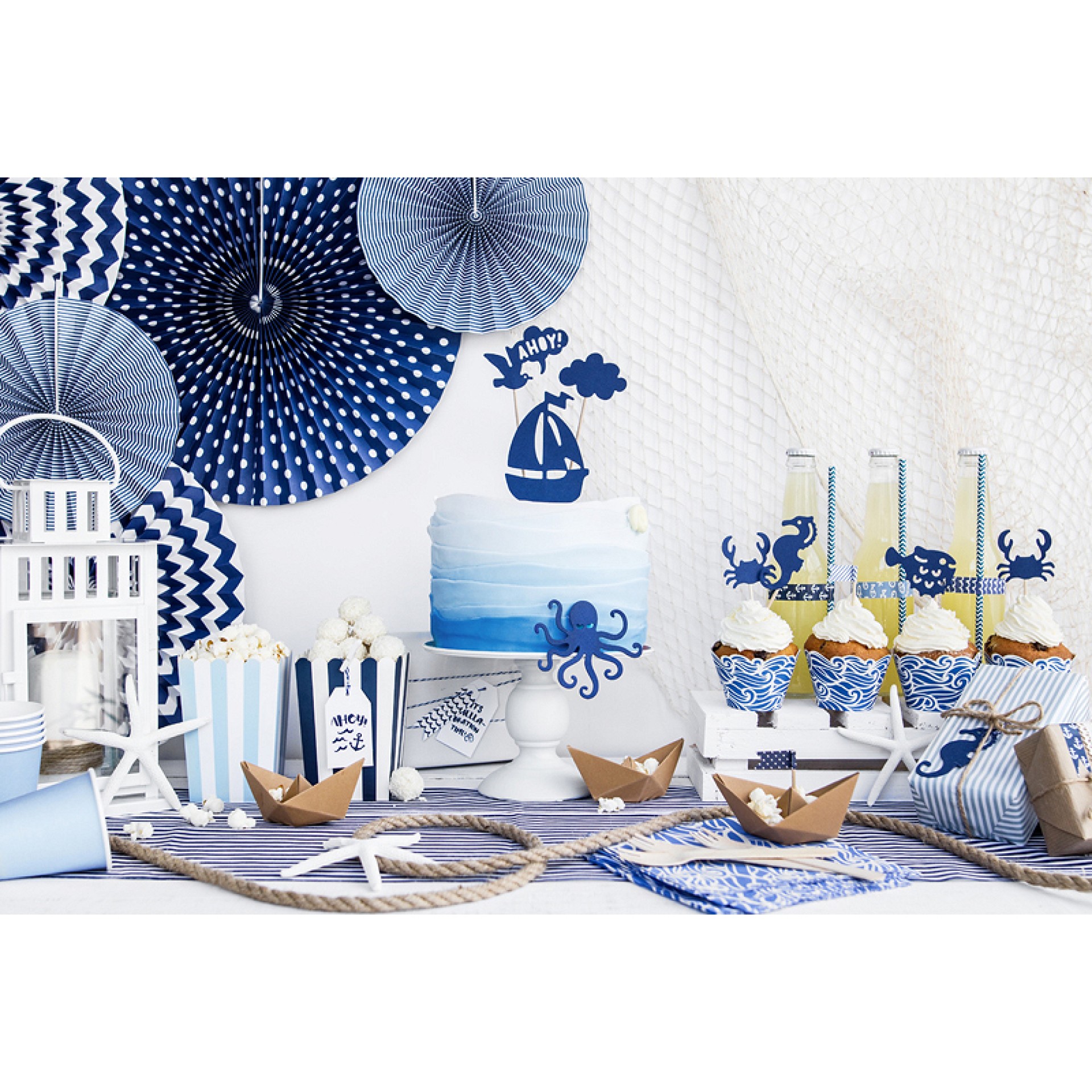 Leque Papel Azul E Branco 3 Unid