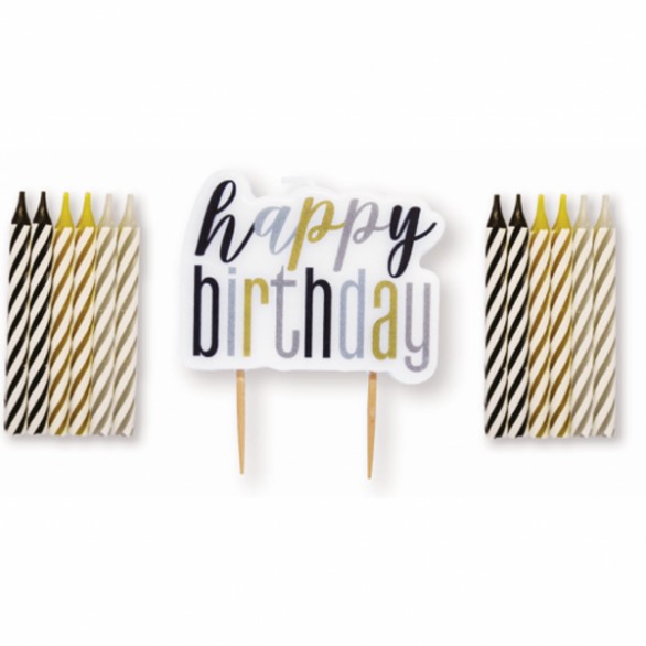 Velas Happy Birthday Pretas/Douradas